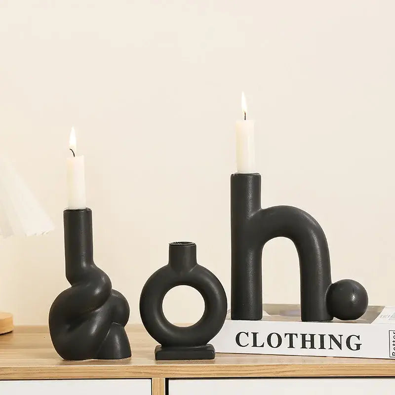 Three black ceramic candle holders with abstract modern designs for decorbites geometric ceramic candle decorbites living room decor
