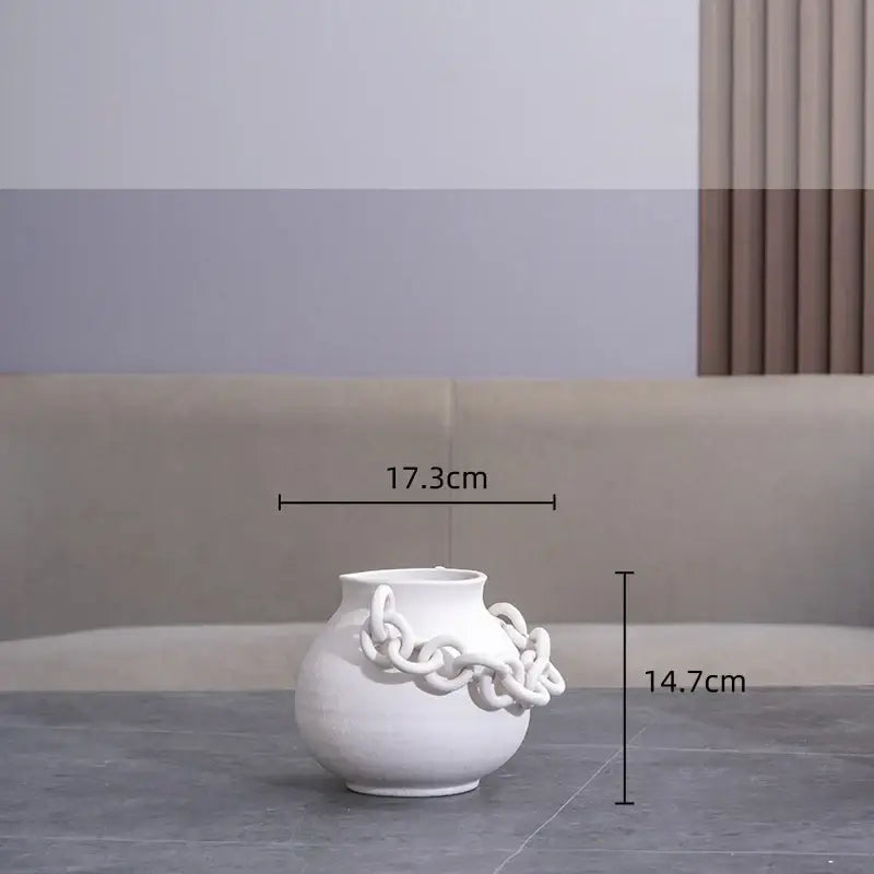 Modern white geometric chain porcelain vase with sculpted chain design for living room decor by decorbites geometric chain
