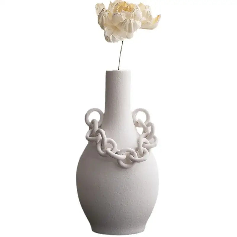 Modern white geometric chain porcelain vase with sculpted chain-link design and two loop handles for living room decorbites decor