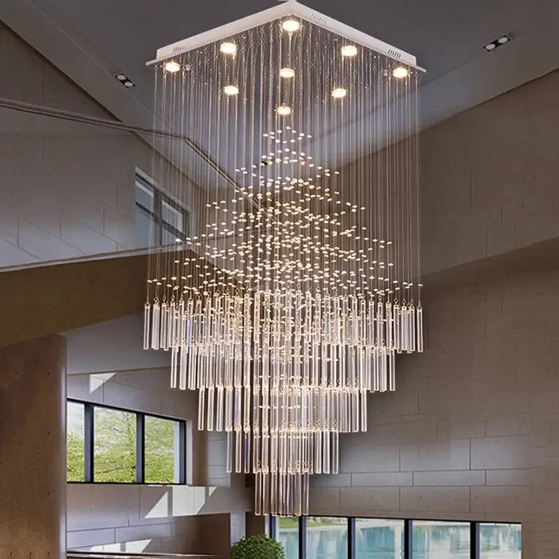 Modern white geometric crystal ceiling chandelier with cascading clear glass rods from decorbites crystal ceiling collection