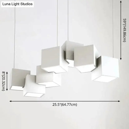 Modern white geometric led island light fixture with cube design ideal for kitchen or living room island lighting
