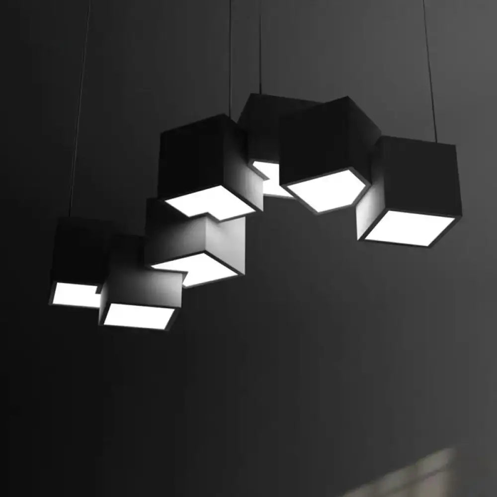 Black geometric led island light with illuminated square faces for modern kitchen or living room island lighting
