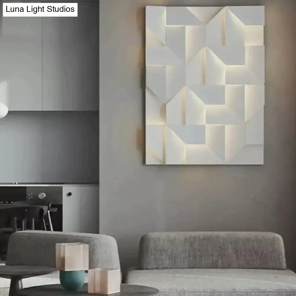Modern white geometric wall lamp featuring illuminated 3d panels for living room wall art decoration
