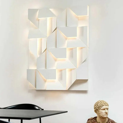 Modern white geometric wall lamp with illuminated recessed panels for living room decorative lighting