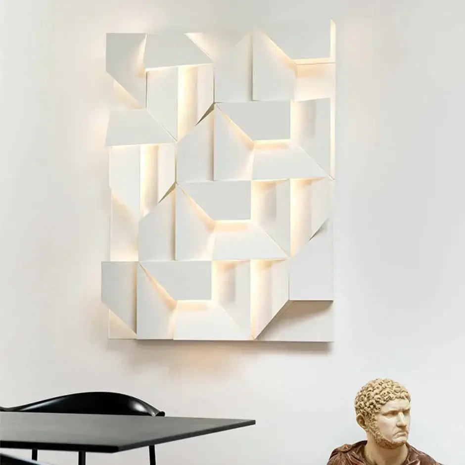 Modern white geometric wall lamp with illuminated recessed panels for living room decorative lighting
