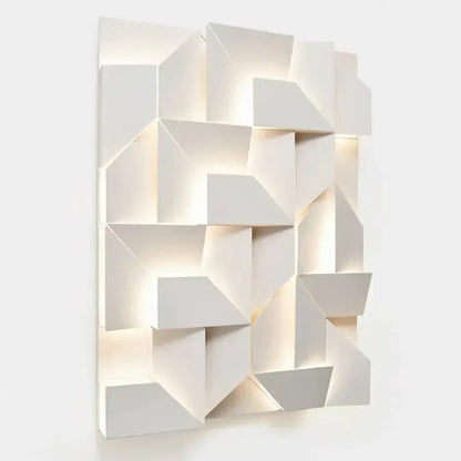 Modern white geometric wall lamp with illuminated recessed panels for living room art and ambient lighting