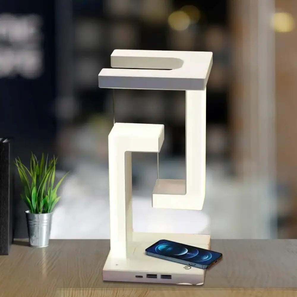 Modern white geometric wireless charger desk lamp with minimalist design and sleek matte finish for bedroom use