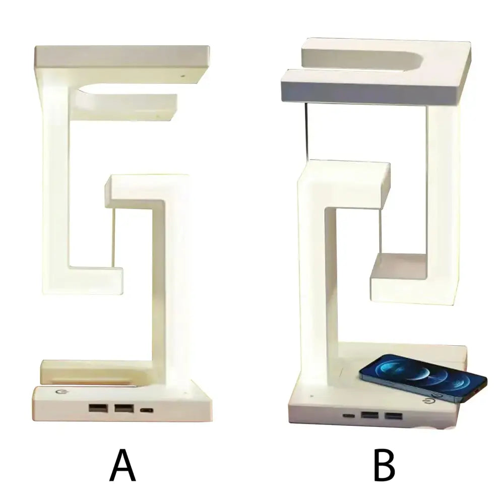 Modern white geometric wireless charger desk lamp with integrated usb ports and wireless charging pad for bedroom use