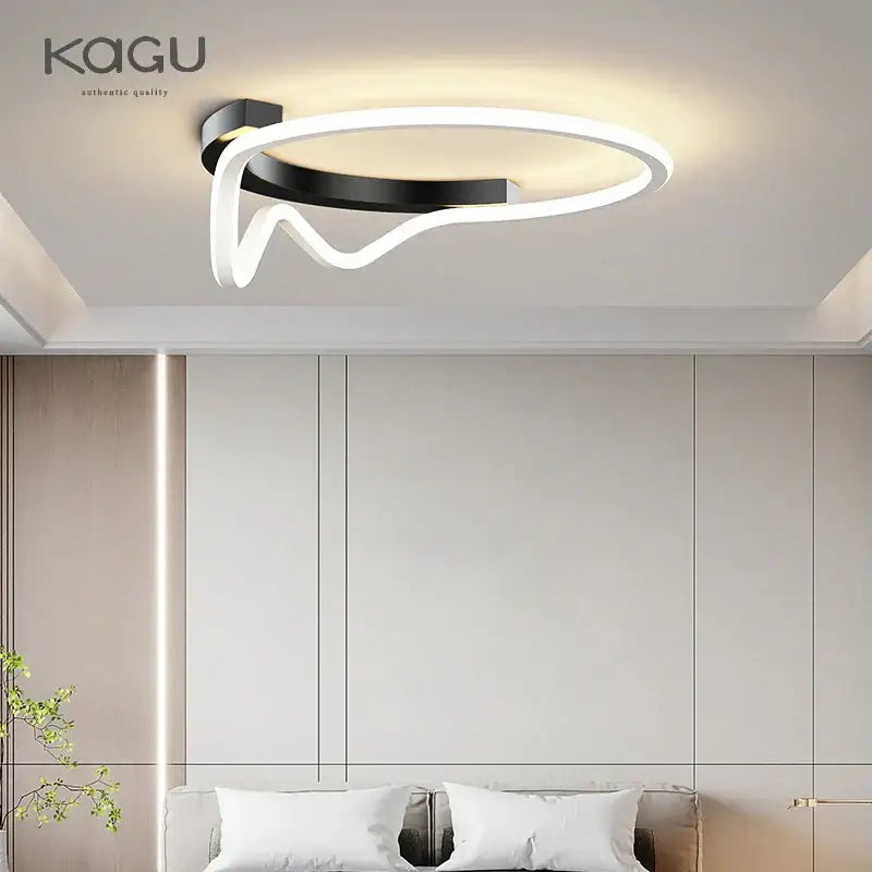 Modern white geometry round led ceiling light with sleek black curved design and warm ambient glow for living room decorbites geometry round