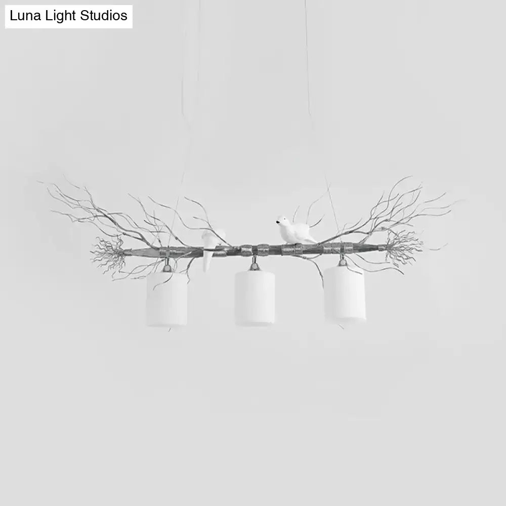 DecorBites modern 3-head white glass pendant light with gold silver branch and white ceramic bird figurines ceiling island fixture