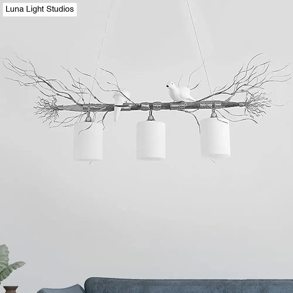 DecorBites modern 3-head white glass pendant light with gold silver branch design and white bird figurines ceiling island fixture