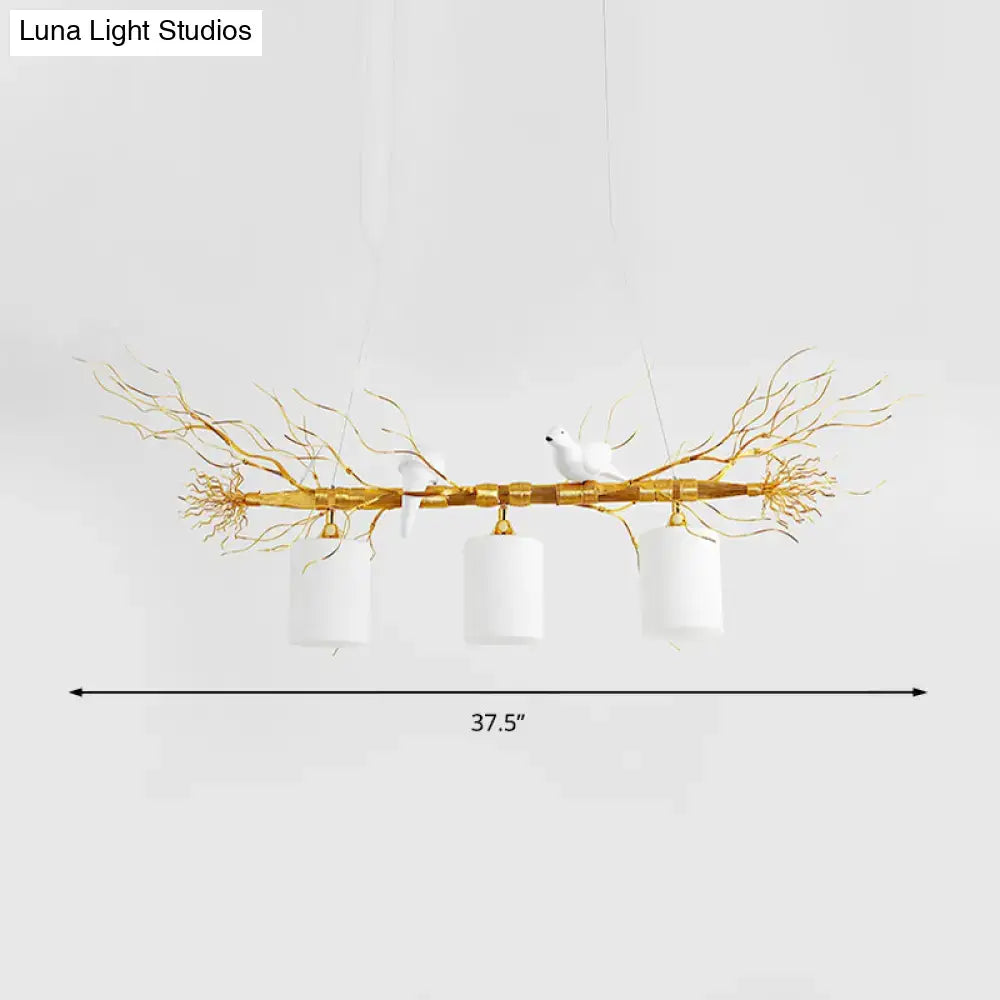DecorBites modern 3-head white glass pendant light with gold silver branch and ceramic bird accents for ceiling island use