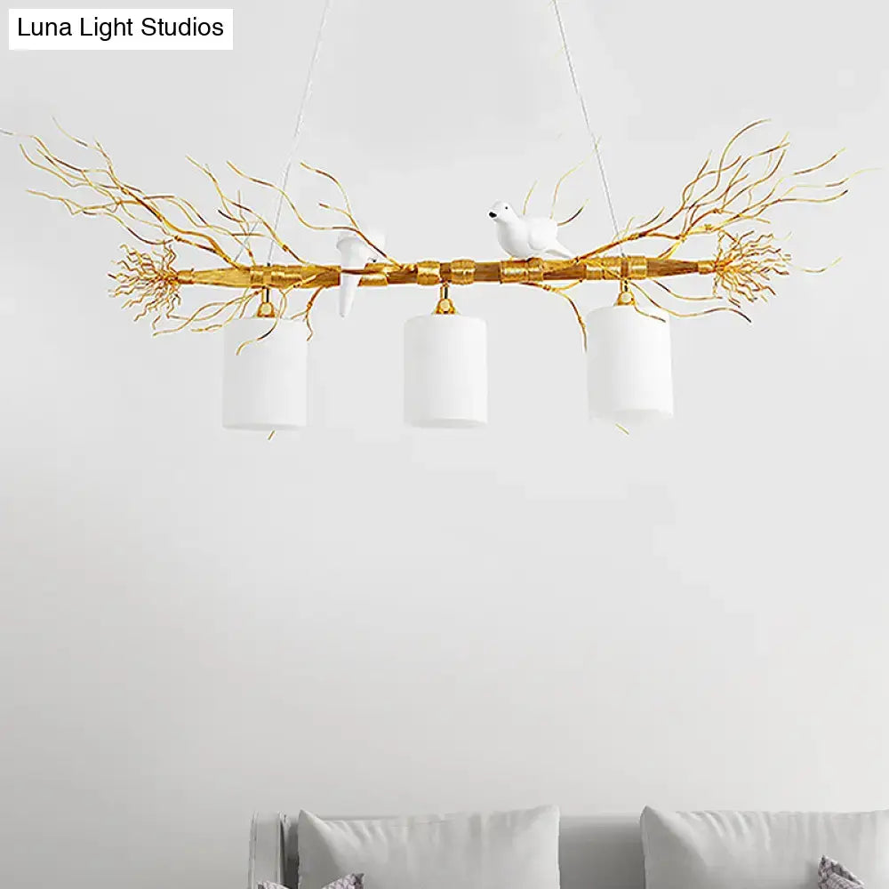 DecorBites™ modern 3-head white glass pendant light with gold branch and birds for ceiling island lighting