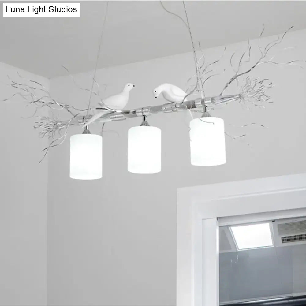DecorBites modern 3-head white glass pendant light with gold silver branch design and bird figurines for ceiling island