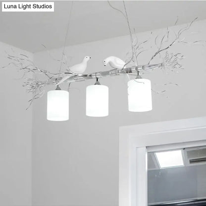 DecorBites modern 3-head white glass pendant light with gold silver branch design and bird figurines for ceiling island