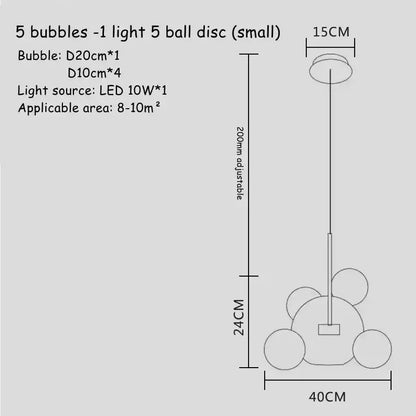 Modern white glass bubble chandelier pendant light with five spherical orbs on adjustable chain for living room decor