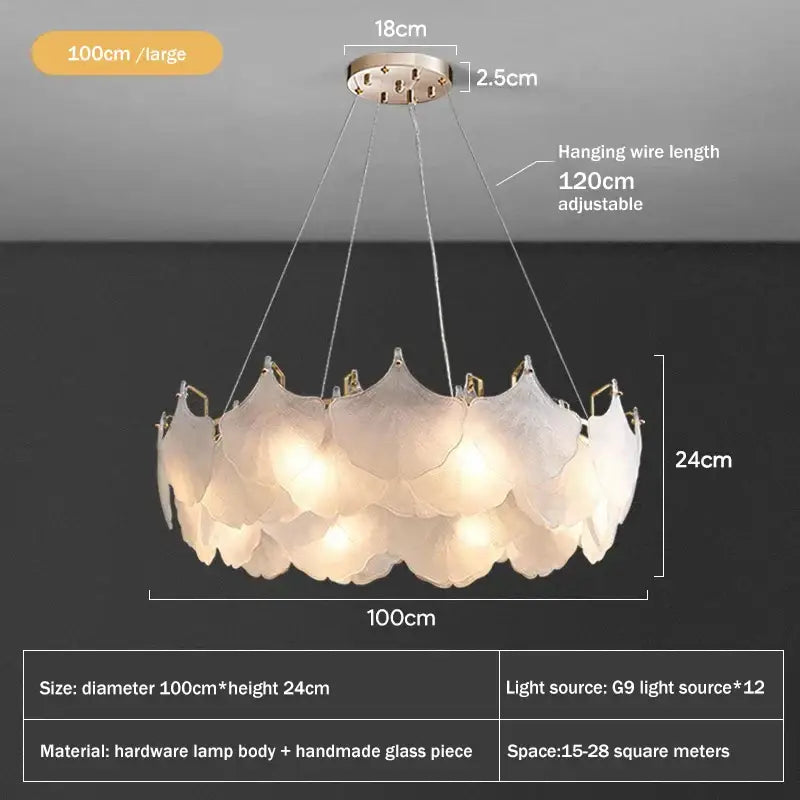 A modern 100cm diameter white glass chandelier led circle pendant with layered translucent petals for dining room