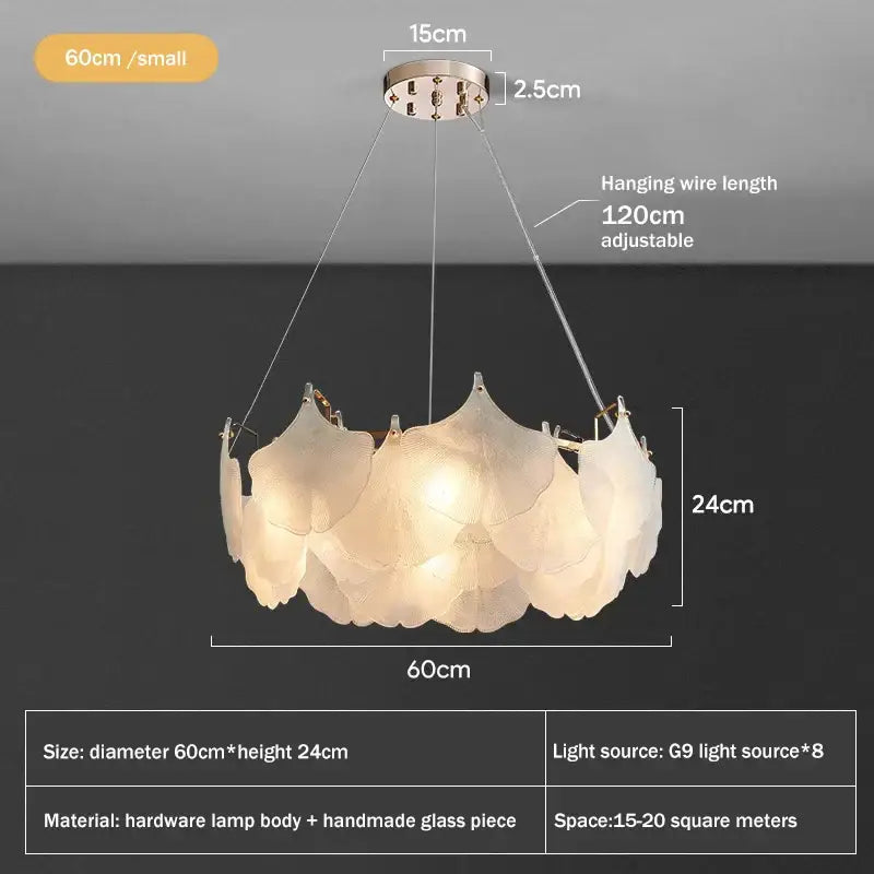 Modern white glass chandelier led circle pendant featuring translucent handmade petals in a layered floral design