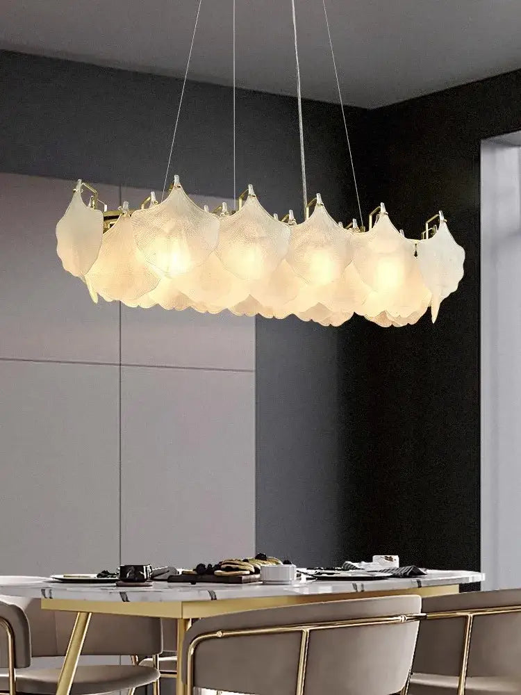 Modern white glass chandelier led with translucent petal-shaped shades and led circle pendant for dining room use