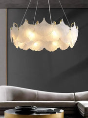 Elegant white glass chandelier led circle pendant with translucent petals and gold-toned metal accents for dining room