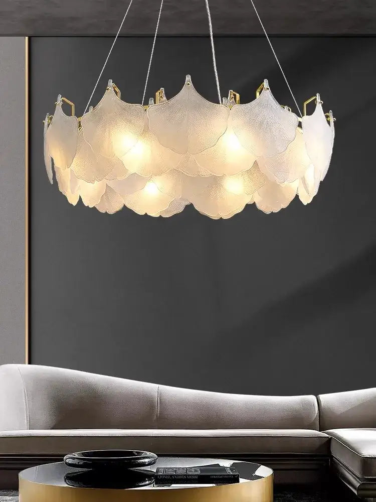 Elegant white glass chandelier led circle pendant with translucent petals and gold-toned metal accents for dining room