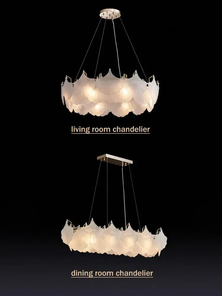 Modern white glass chandelier led with frosted petal-shaped shades and led circle pendant for dining room lighting