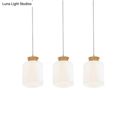 Modern White Glass Cylinder Chandelier with 3 Heads - Wood Suspension Lamp