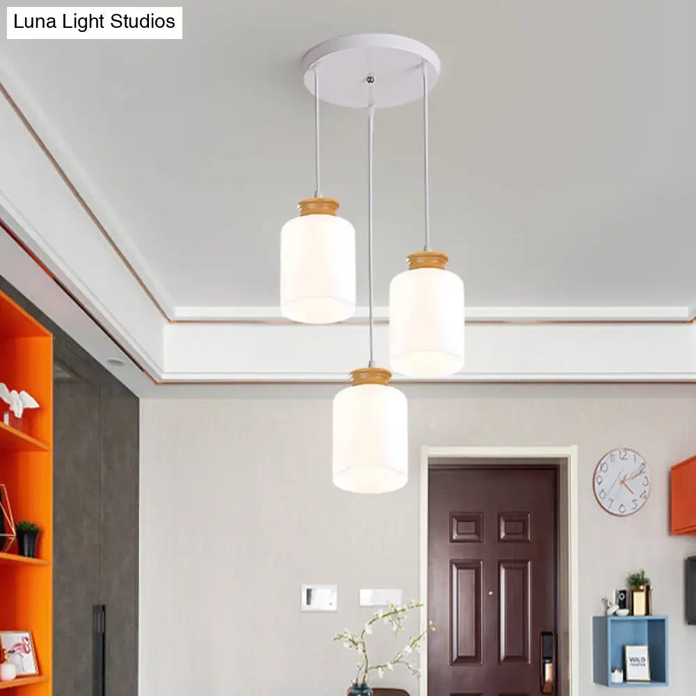 Modern White Glass Cylinder Chandelier with 3 Heads - Wood Suspension Lamp