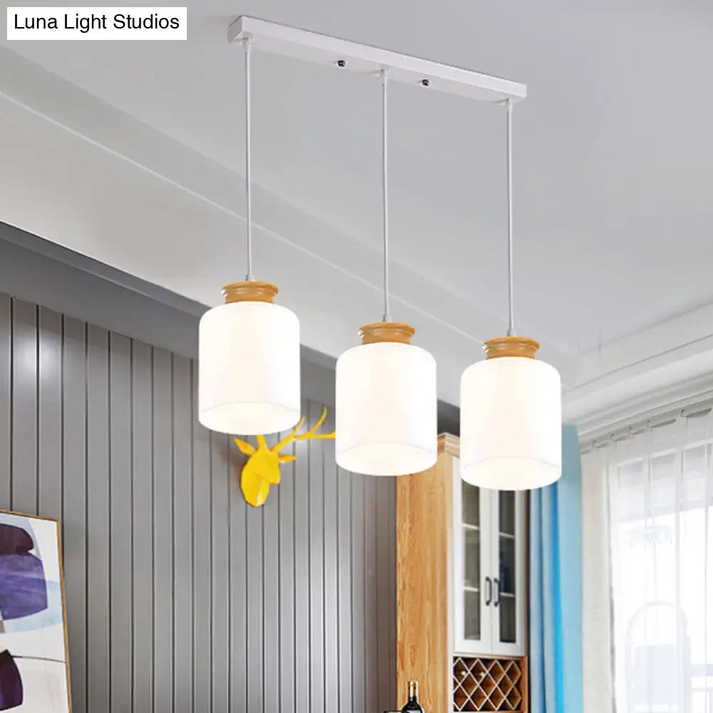 Modern White Glass Cylinder Chandelier with 3 Heads - Wood Suspension Lamp