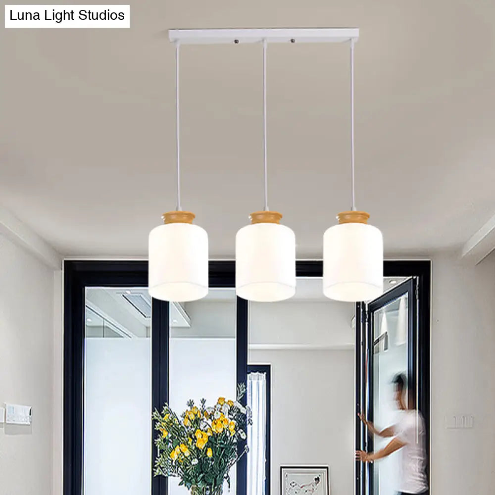 Modern White Glass Cylinder Chandelier with 3 Heads - Wood Suspension Lamp