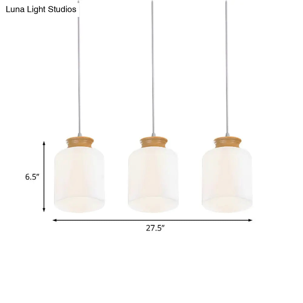 Modern White Glass Cylinder Chandelier with 3 Heads - Wood Suspension Lamp