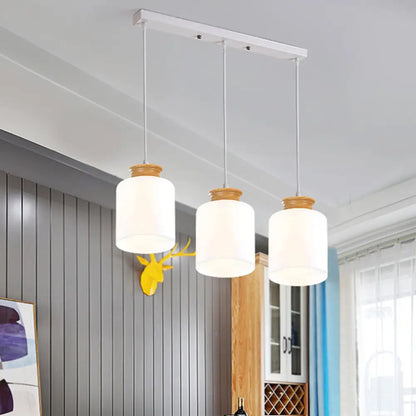 Modern White Glass Cylinder Chandelier with 3 Heads - Wood Suspension Lamp