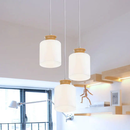 Modern White Glass Cylinder Chandelier with 3 Heads - Wood Suspension Lamp