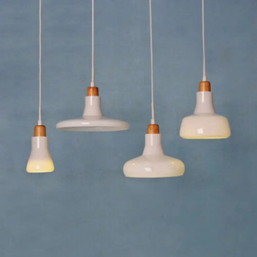 Modern White Glass Geometric Pendant Light with 4-Light Cluster - Wood Finish