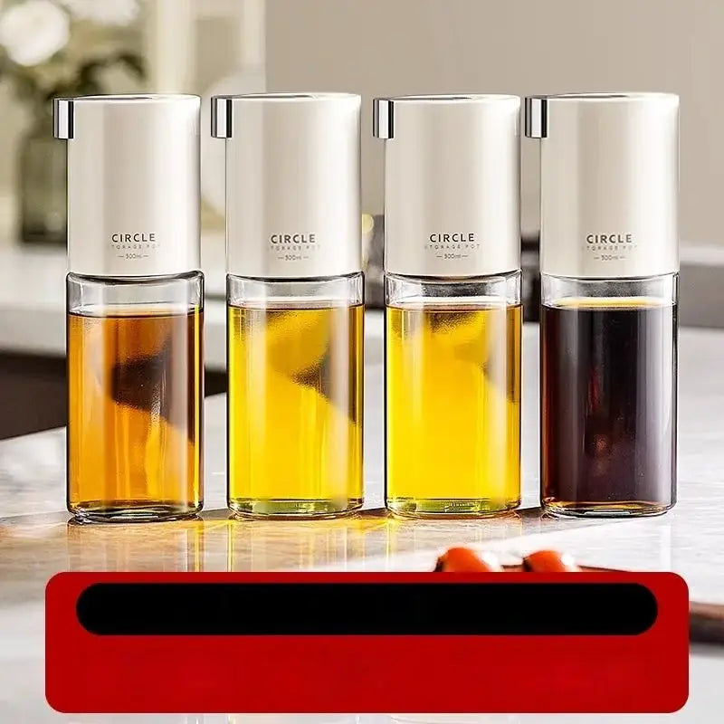 Modern white glass oil pot set of four clear glass seasoning bottles with white lids containing colored liquids