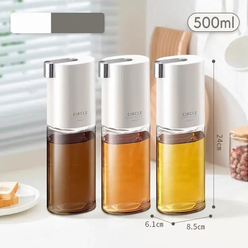 Modern white glass oil pot set with three 500ml glass oil seasoning bottles filled with colored liquids and silver tops