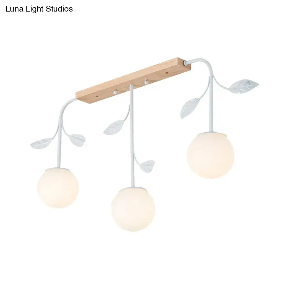 White leaf-themed decorbites 3 light orb island ceiling lamp with frosted glass globes e26 e27 wooden canopy modern simple design