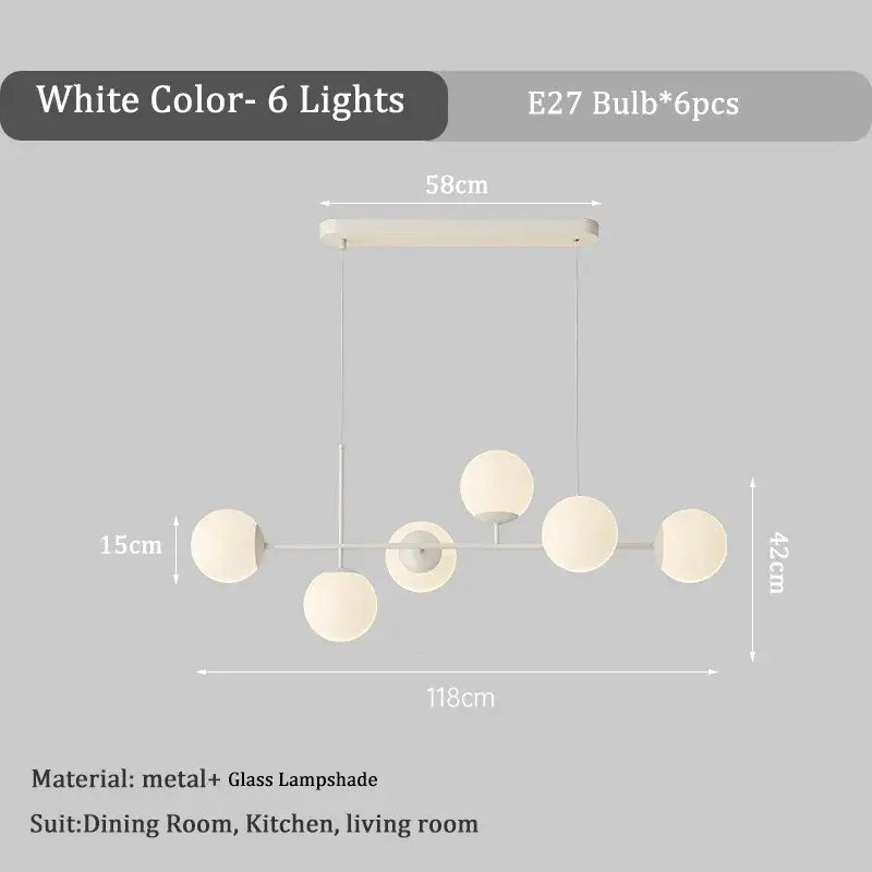 Modern white glass pendant chandelier light set with six spherical lampshades and metal frame for dining room use