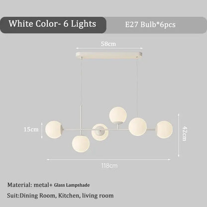 Modern white glass pendant chandelier light set with six spherical lampshades and metal frame for dining room use