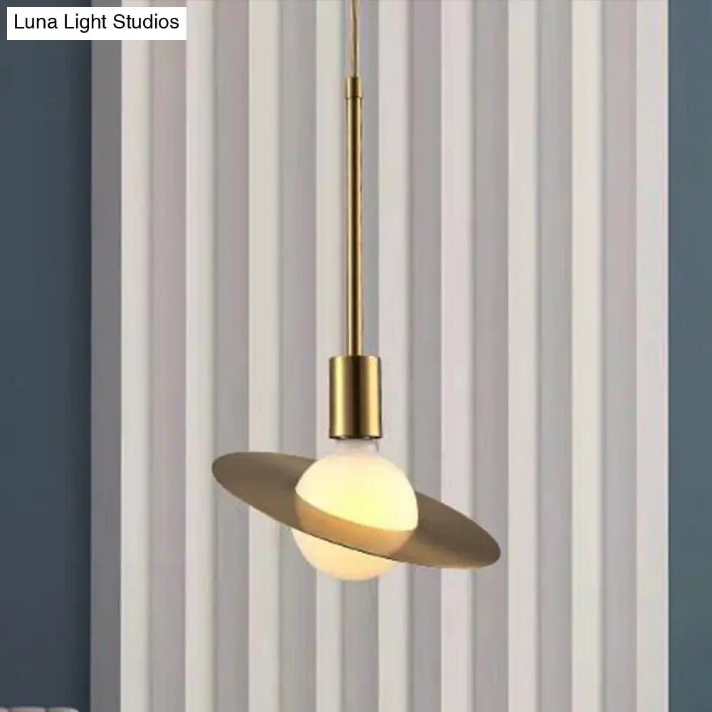 Modern White Glass Pendant Lamp with Gold Disc Shade - Hanging Light Kit