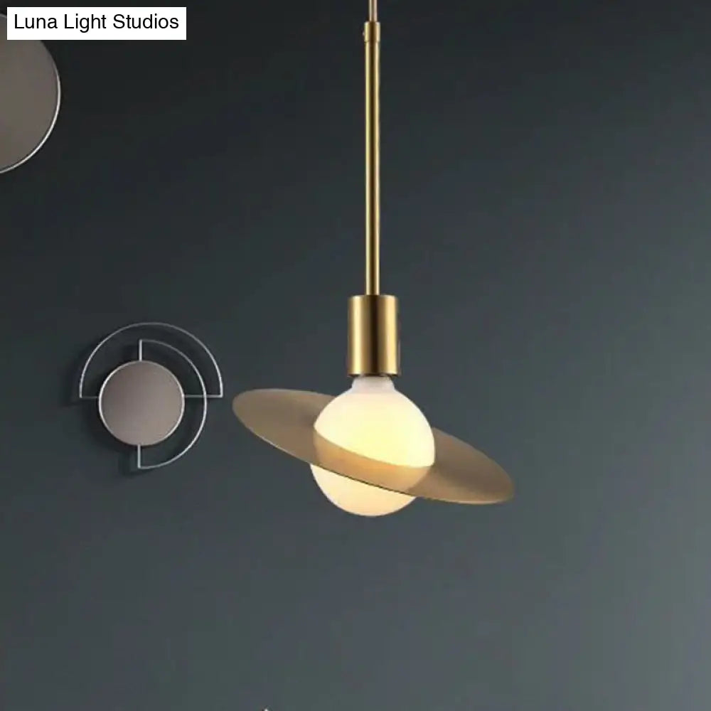 Modern White Glass Pendant Lamp with Gold Disc Shade - Hanging Light Kit