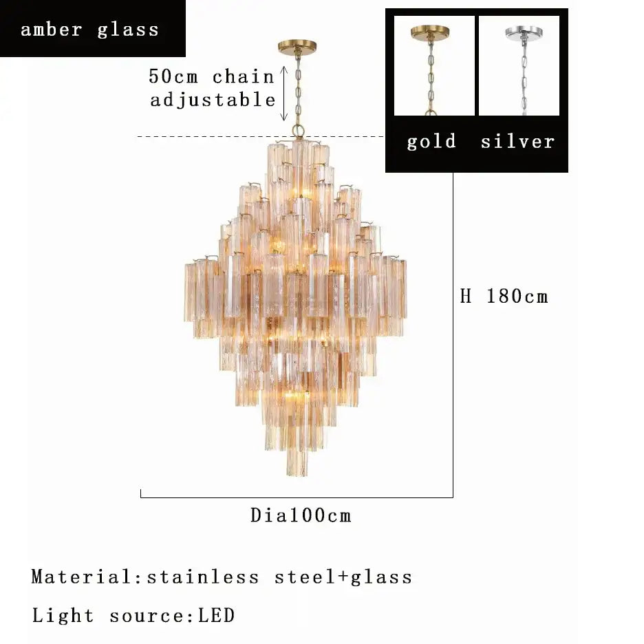 Modern white glass pendant lights with tiered amber glass tubes and stainless steel frame in gold or silver finish