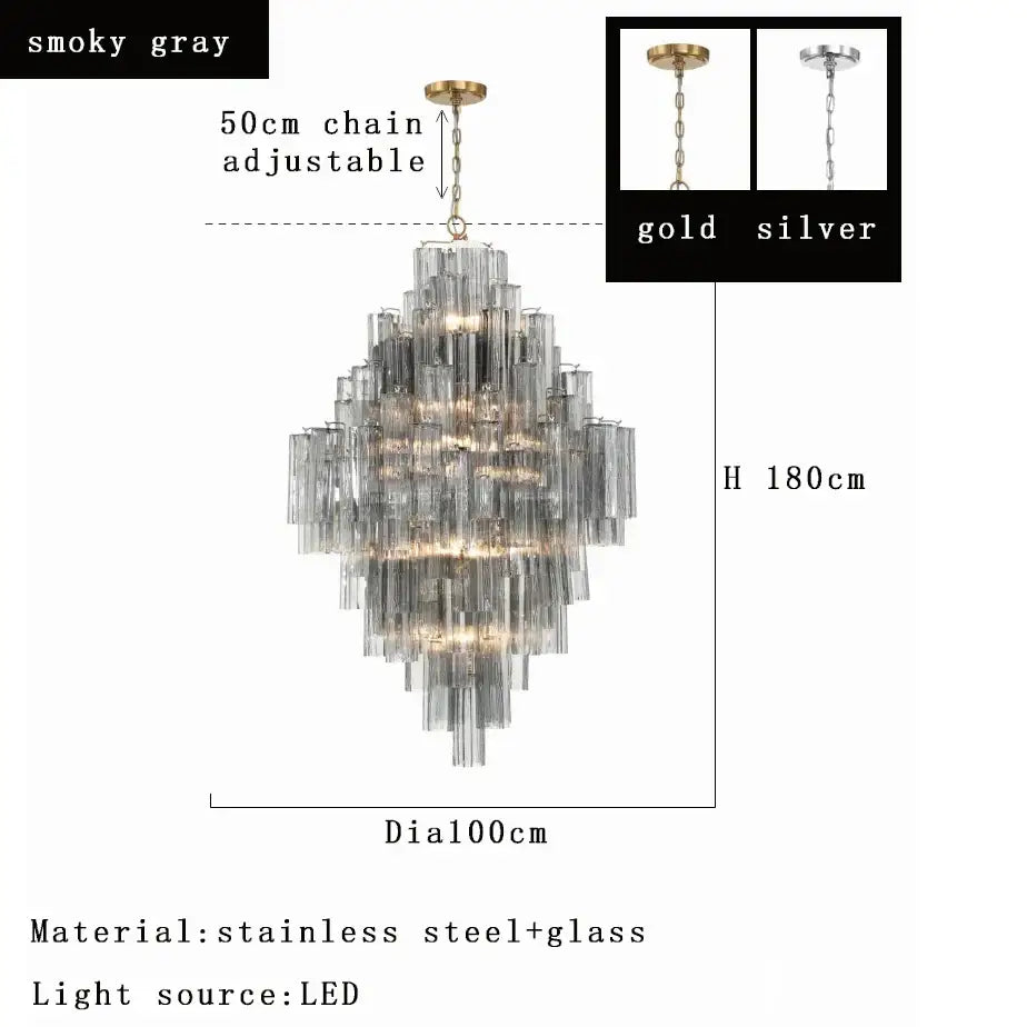 Modern white glass pendant lights with smoky gray tiered chandelier design and cascading glass tubes for dining room decorbites big white