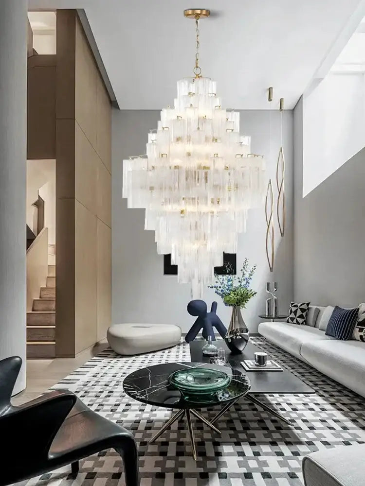 Modern white glass pendant lights cascading chandelier with clear glass prisms and gold-toned accents for dining room decorbites big white
