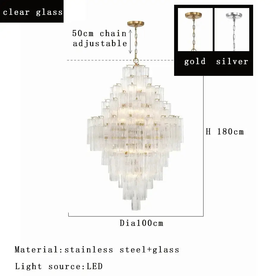 A tiered modern white glass pendant light with clear glass tubes and gold stainless steel frame for dining room decorbites big white