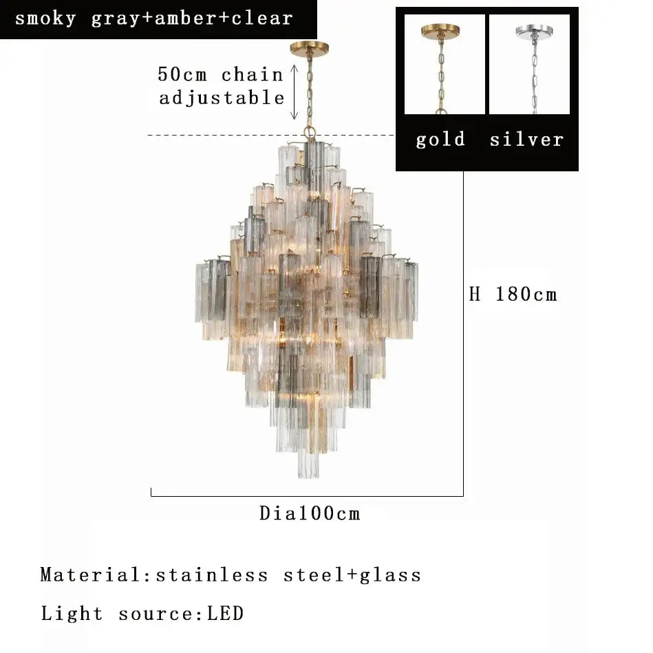 Modern white glass pendant lights dining room chandelier with smoky gray and amber glass tubes on stainless steel frame