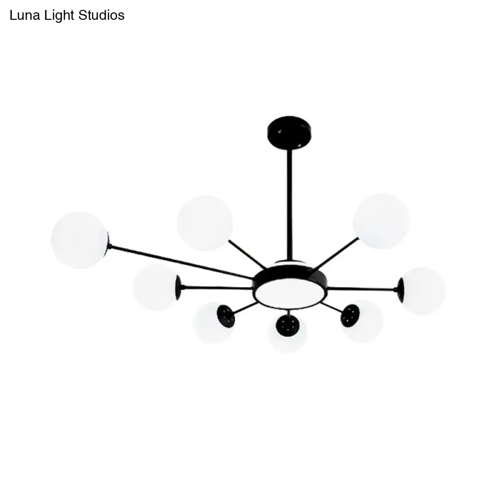Lámpara de araña redonda moderna de cristal blanco con 8 luces colgantes negras