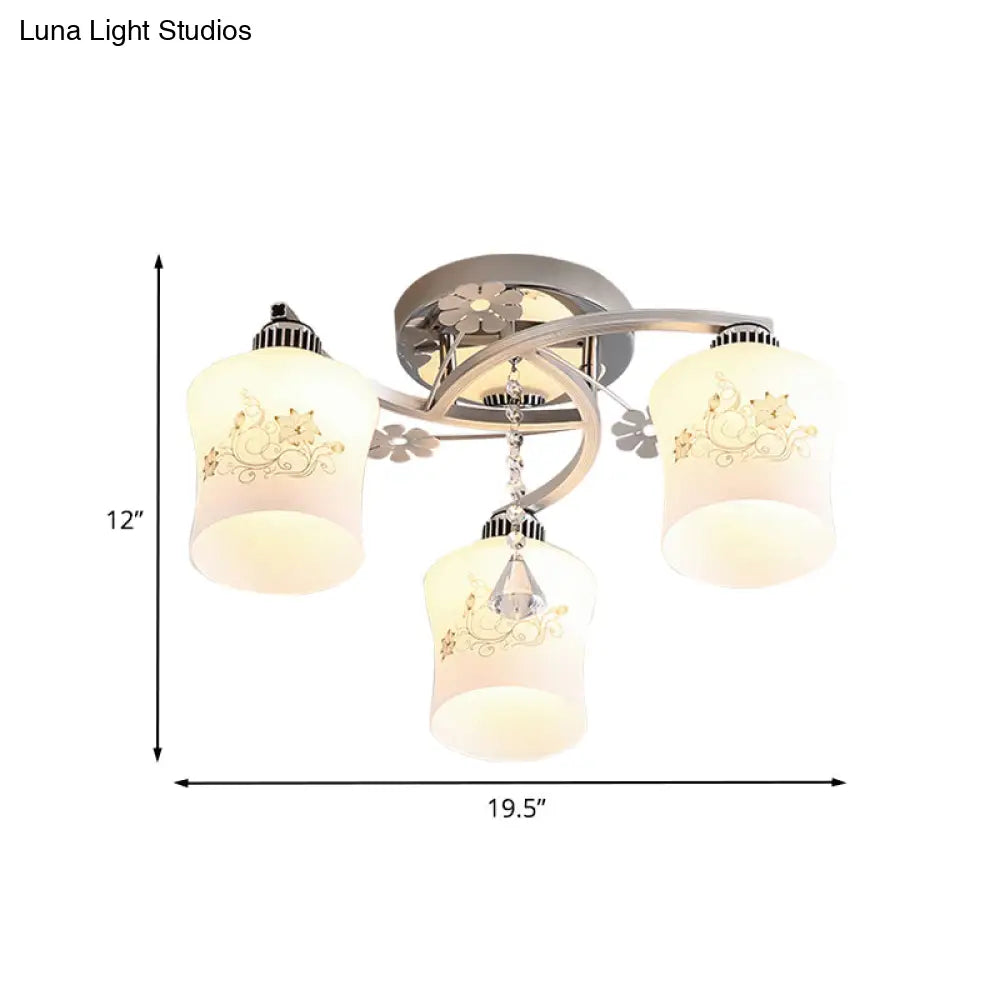 DecorBites™ DecorBites™ Modern White Glass Semi Flush Ceiling Lamp with Chrome Finish - Patterned 3-Head Spiral Design