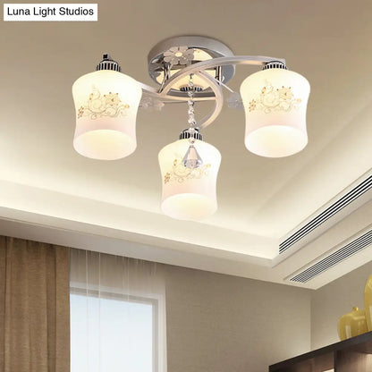 Modern White Glass Semi Flush Ceiling Lamp with Chrome Finish - Patterned 3-Head Spiral Design