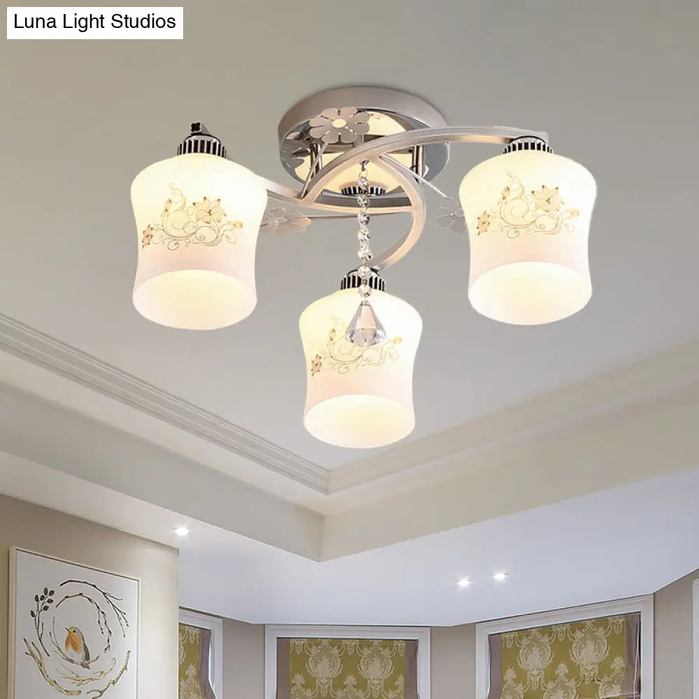 Modern White Glass Semi Flush Ceiling Lamp with Chrome Finish - Patterned 3-Head Spiral Design